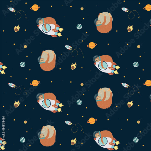 A seamless pattern featuring a sloth on a rocket in space. These adorable sloths are traveling