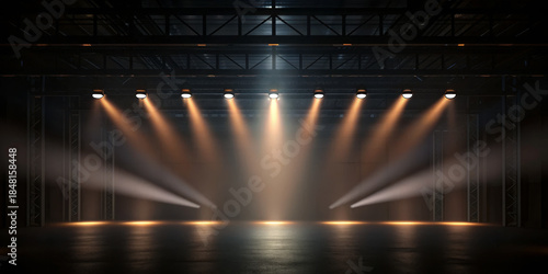 Stage spotlight theater lighting industrial beam dramatic dark concert empty Illuminated stage with spotlight theater lighting industrial beam dramatic dark concert empty, moody atmosphere with