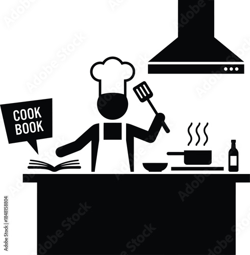Chef preparing food in a kitchen with a cookbook