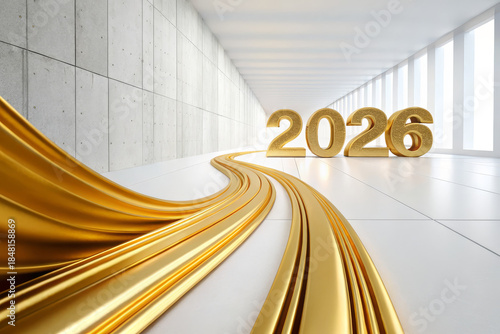 Golden number modern corridor abstract wave bright light white interior concrete wall futuristic style minimal design glossy surface new year optimistic mood sleek curve clean space perspective