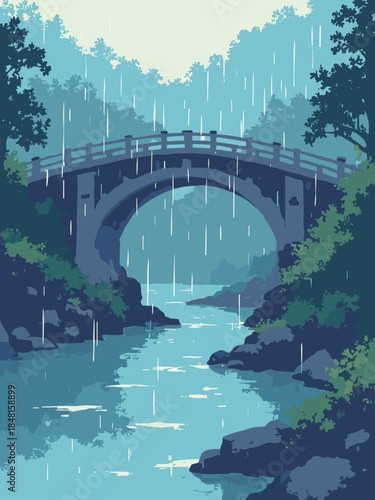 A rainy bridge scene. Japanese print style. Straight diagonal lines for rain (hatching). Flat grey bridge, blue water. High contrast