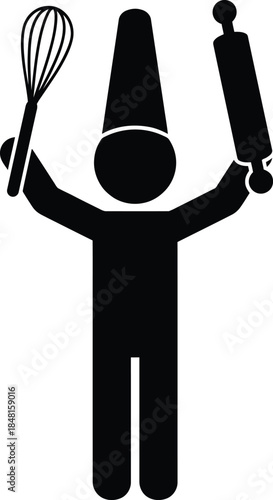 Baker figure holding a whisk and a rolling pin