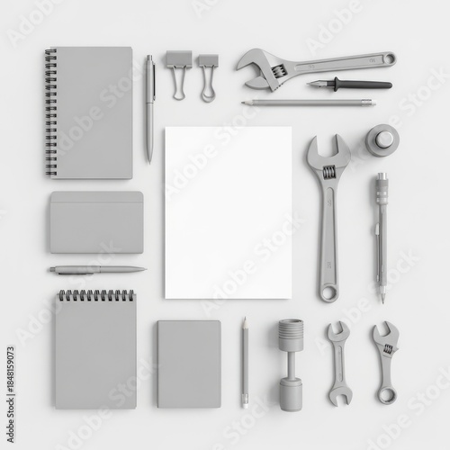Assorted office and tool items isolated on white background