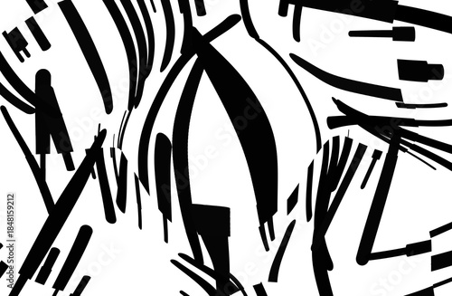 Black ink brush strokes pattern overlay. Abstract messy strokes and lines for grunge texture and artistic effect.