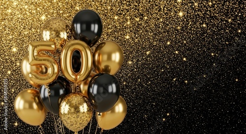 Wallpaper Mural Golden balloons in black background with golden number 50. Celebration for 50th anniversary birthday. Party decor. Gold, black. Festive scene. Anniversary celebration. Jubilee event Torontodigital.ca