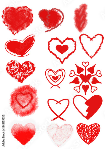 Set of grunge red hand drawn hearts. Sketchy valentine love symbols collection on transparent background.