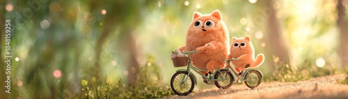 Two adorable cats on a bicycle enjoying a sunny ride in a vibrant park setting