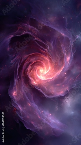An incredible view of a spiral galaxy with an illuminated core and swirling cosmic dust. It is surrounded by a sea of purple
