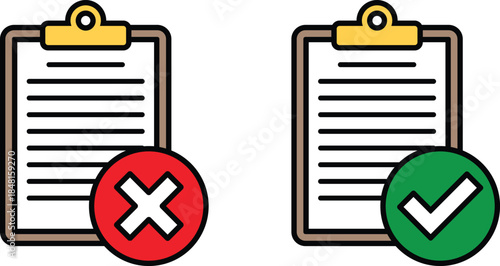 Clipboard with red cross and green checkmark icons checklist document