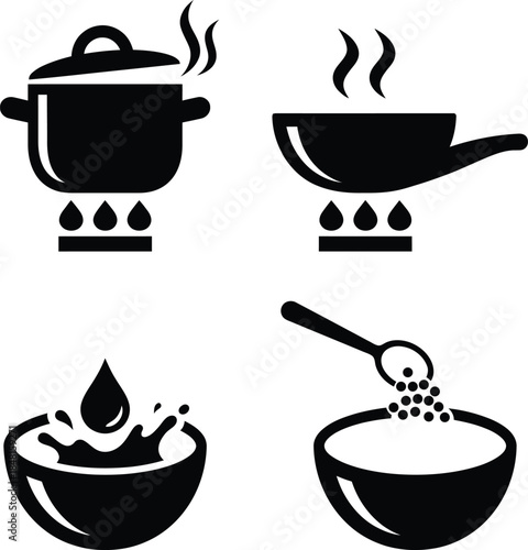 Cooking process icons: boiling pot, frying pan, adding liquid and ingredients