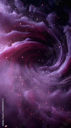Abstract illustration of a swirling nebula in shades of purple, with sparkling particles throughout