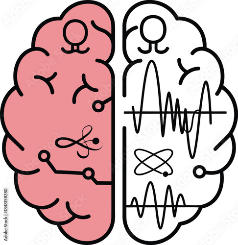 Human brain anatomy illustration with left and right hemisphere showing creative thought and logical data processing using circuits and analytical wave lines.