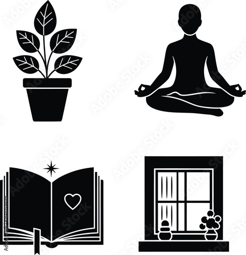Self care and mindfulness vector icon set featuring a potted houseplant, a person in meditation lotus pose, an open journal with a heart, and a cozy window view.