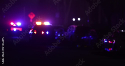 Abstracted illuminated night view of police units on a city street.