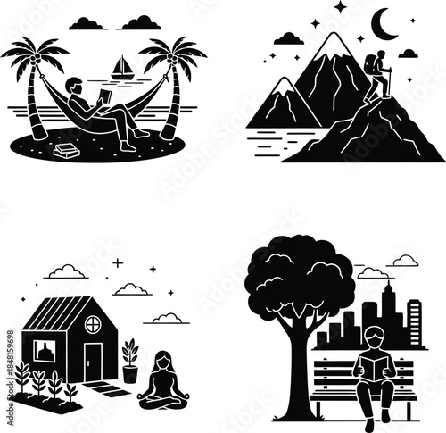 Black and white vector icon set featuring a person relaxing in a hammock, a hiker on a mountain at night, yoga meditation at home, and reading on a park bench.