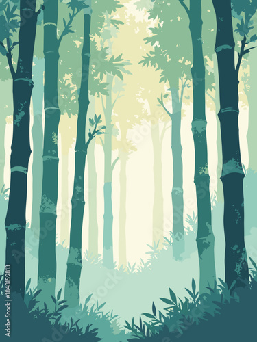 A bamboo grove in mist. The mist is solid white negative space. The bamboo are flat green vertical bars. Fade effect created by halftone dots, not gradients