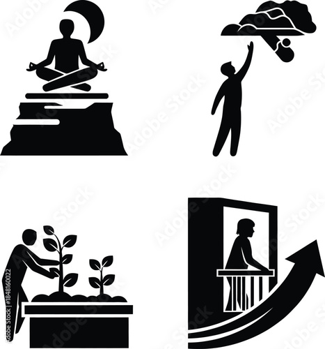 Personal growth and self improvement silhouette icon set featuring meditation reaching for goals planting trees and career success for mental health awareness.