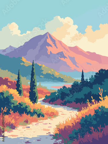 A mosaic landscape. The image is made of small flat colored tiles with white grout lines. Vector mosaic effect