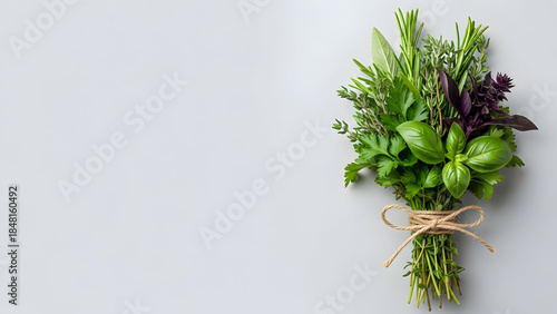 Fresh herbs bundle tied with string, right side vertical placement, light gray background