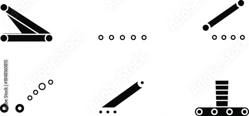 Industrial conveyor belt icon set showing automation, packaging, sorting, lifting, and mechanical process for factory and manufacturing design.