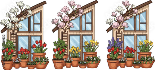 Spot the difference greenhouse garden with spring flowers, magnolia blossoms, terracotta pots, and colorful tulips for children’s activity design.