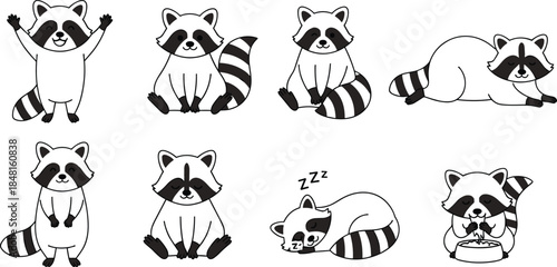 Cartoon raccoon character set in various poses and activities including eating, sleeping, sitting, standing, and playful expressive gestures.