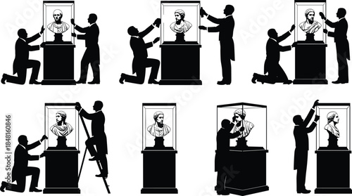 Silhouette workers installing glass display case over classical bust sculpture in museum setting, showing preservation, protection, and curatorial process.
