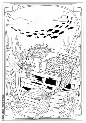 A mermaid sleeps on the wreckage of a sailing ship. coloring book