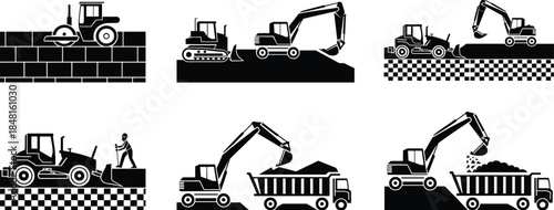Construction machinery silhouette icon set showing excavators, graders, bulldozers, dump trucks, and rollers in roadwork and earthmoving operations