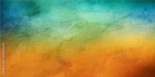 Vibrant abstract grunge watercolor background design featuring a fiery mix of orange and yellow ink textures on vintage paper canvas with smoky blue paint patterns and hot light cloud illustrations