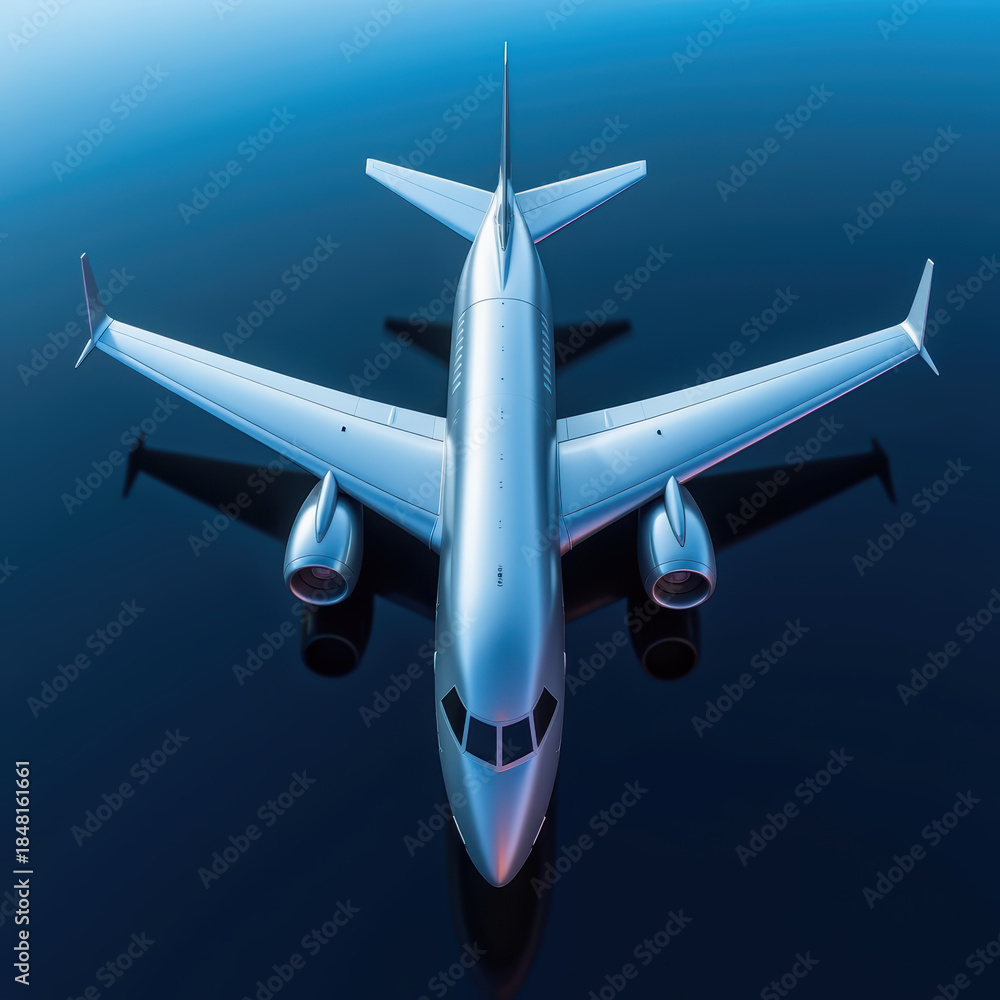 Obraz premium Sleek airplane design modern aircraft aerial view blue background high fidelity transportation travel aviation technology luxury