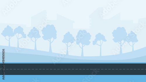 Cityscape with road and trees in blue color