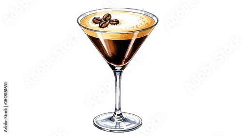Hand drawn watercolor illustration of a classic espresso martini cocktail garnished with three perfect coffee beans