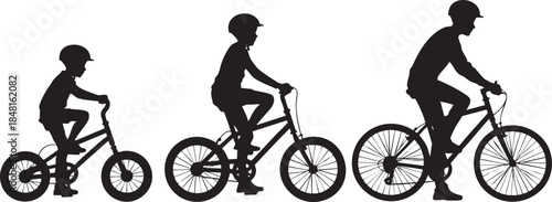 Growing up on two wheels: a silhouette of cycling progression Vector, illustration