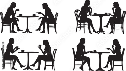 Silhouette of women sitting alone at table Vector, illustration