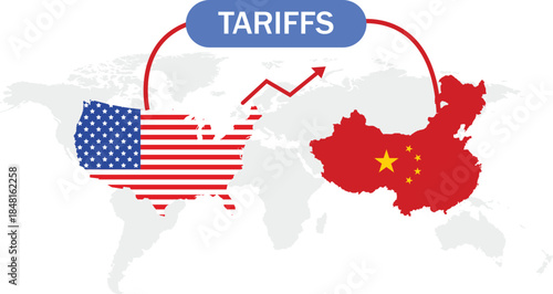 US America and China flags on map. USA and China trade relations, cooperation strategy Tariffs and USA Economy concept ariff USA trade war with the others countries.
