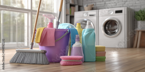 Cleaning supplies with colorful bucket and mop near washing machine  