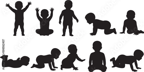 Baby developmental stages silhouette collection Vector, illustration