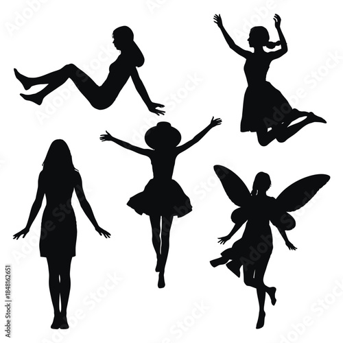 Set of elegant ballet dancer silhouettes in dynamic dancing poses