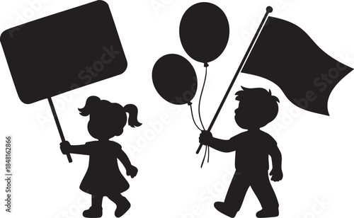 Children holding sign and balloons silhouette Vector, illustration