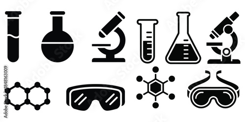 Set of medical and laboratory science icons with chemistry glassware vector illustration