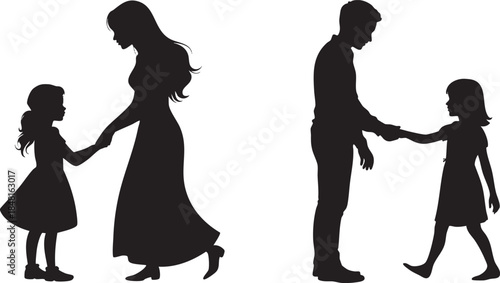 Mother and father holding daughter's hand silhouette Vector, illustration