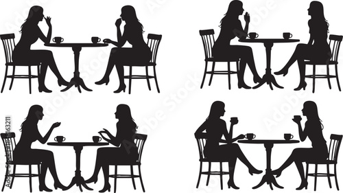 Group of women sitting at table drinking coffee and talking Vector, illustration