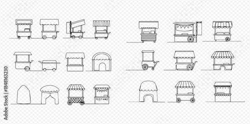 Continuous line art drawing of various street food stalls and market booths, simple vector illustration.