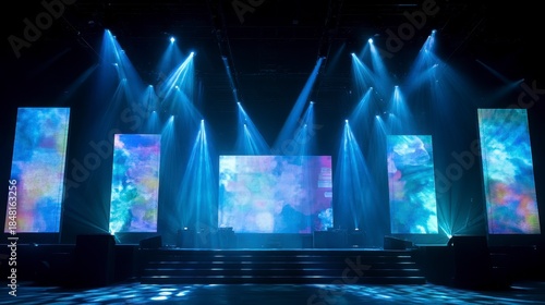 Illuminated stage, showcasing vibrant LED screens and dynamic lighting displays, ideal for concerts or performances