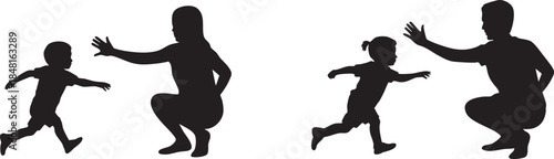 Happy children running towards their parents with outstretched arms Vector, illustration