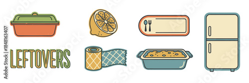 Charming set of vintage food leftover icons featuring a refrigerator, storage container, casserole dish, lemon, and foil wrap, all drawn in a nostalgic retro aesthetic