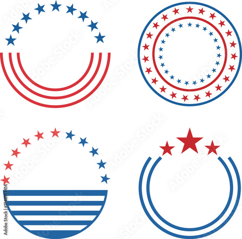 Set of four american patriotic circular emblems with stars and stripes