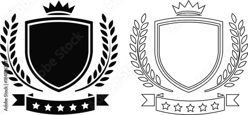 Blank shield crest with crown and laurel wreath vector icon set