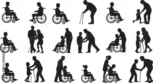 People with disabilities and caregivers in various situations Vector, illustration